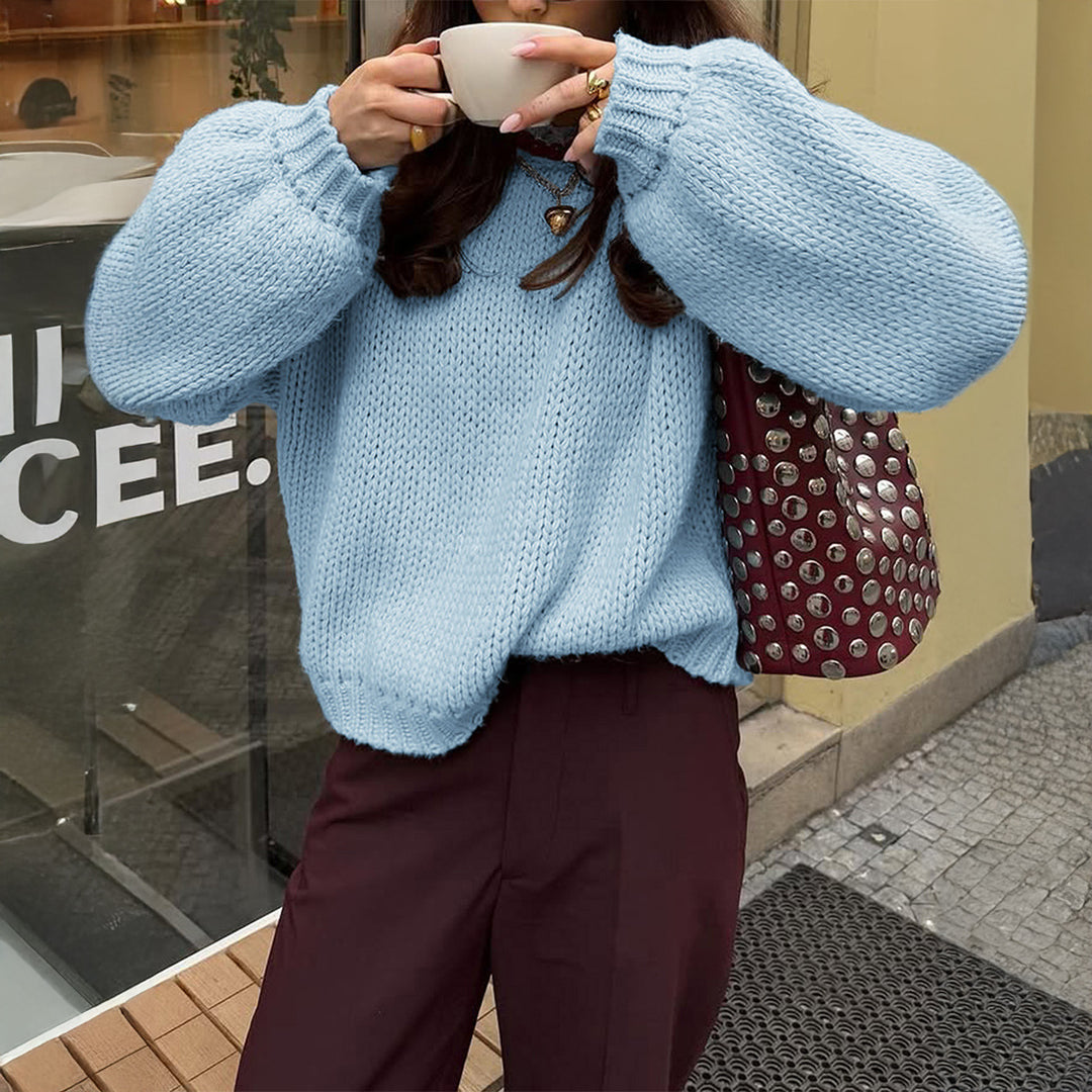 Women oversized chunky knit sweater with round neckline and ribbed hems Mune Fashion