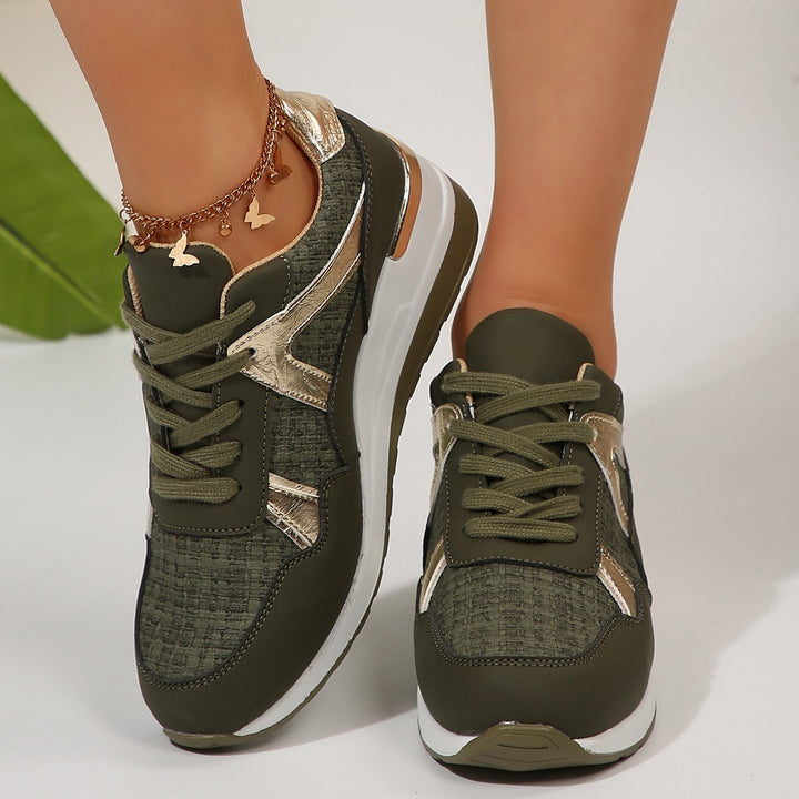 Ladies sporty wedge sneakers with padded memory footbed and elegant metallic accents Mune Fashion