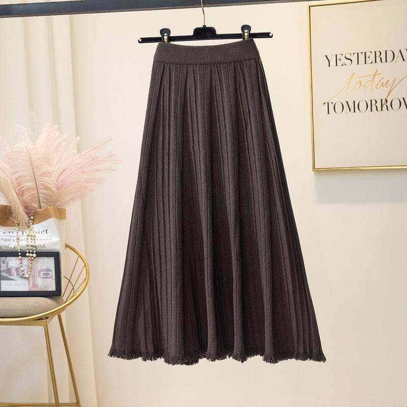 Women's Pleated Maxi Skirt with Elastic Waistband and Fringed Hem Mune Fashion