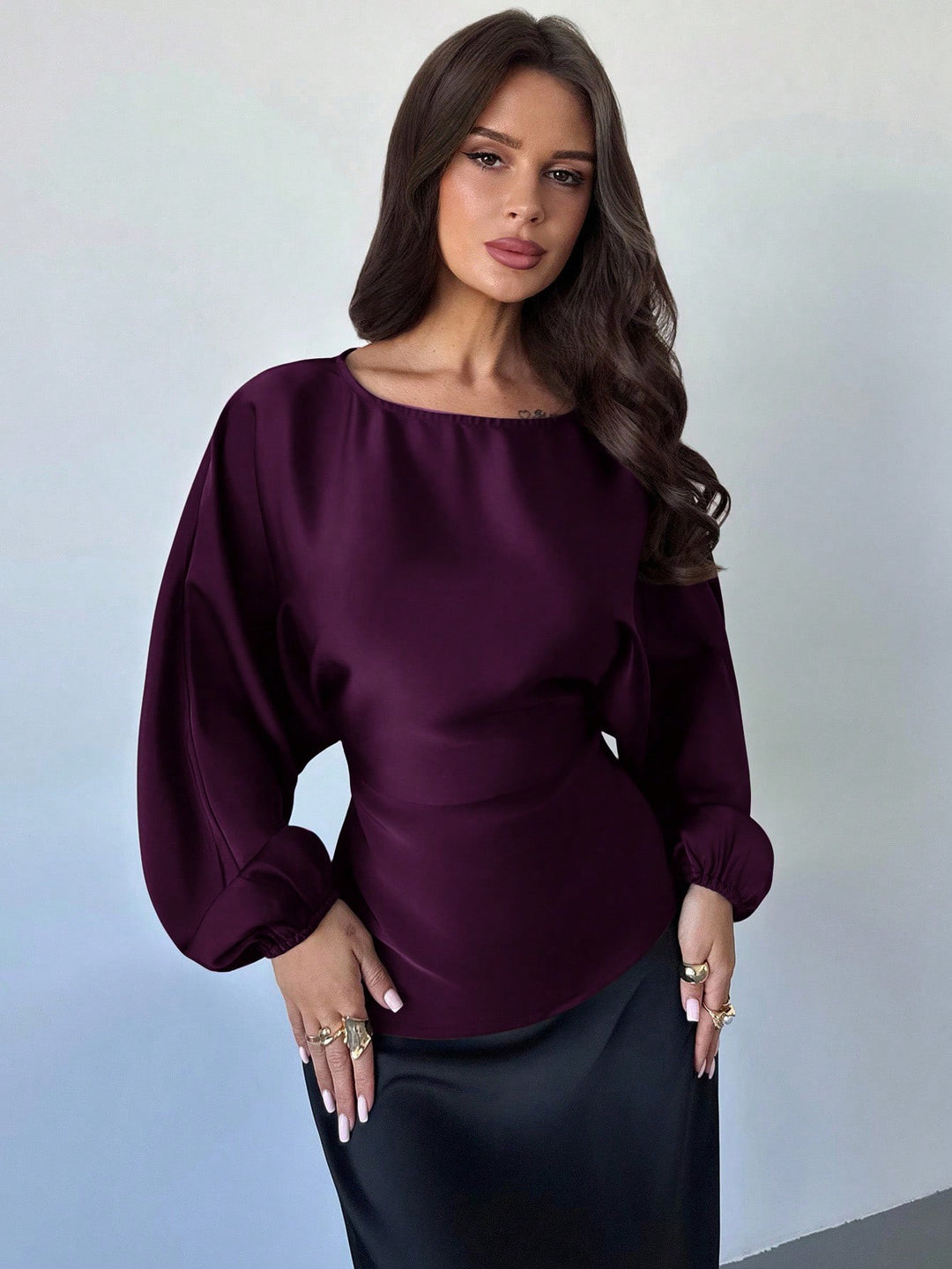 Women's Polka-Dot Satin Blouse with Balloon Sleeves and Wide Round Neckline Mune Fashion