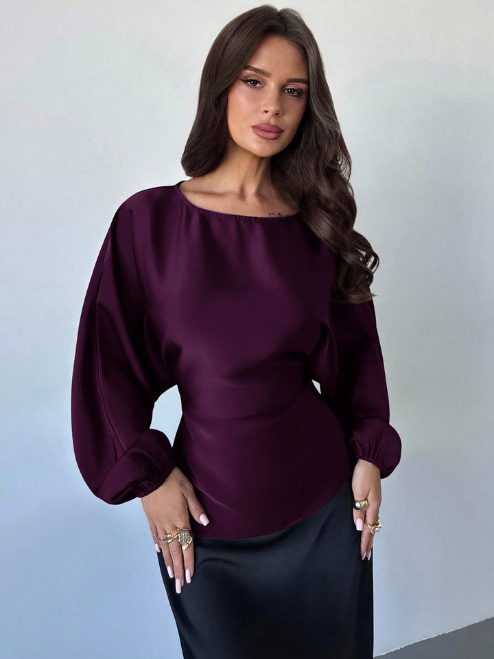 Women's Polka-Dot Satin Blouse with Balloon Sleeves and Wide Round Neckline Mune Fashion