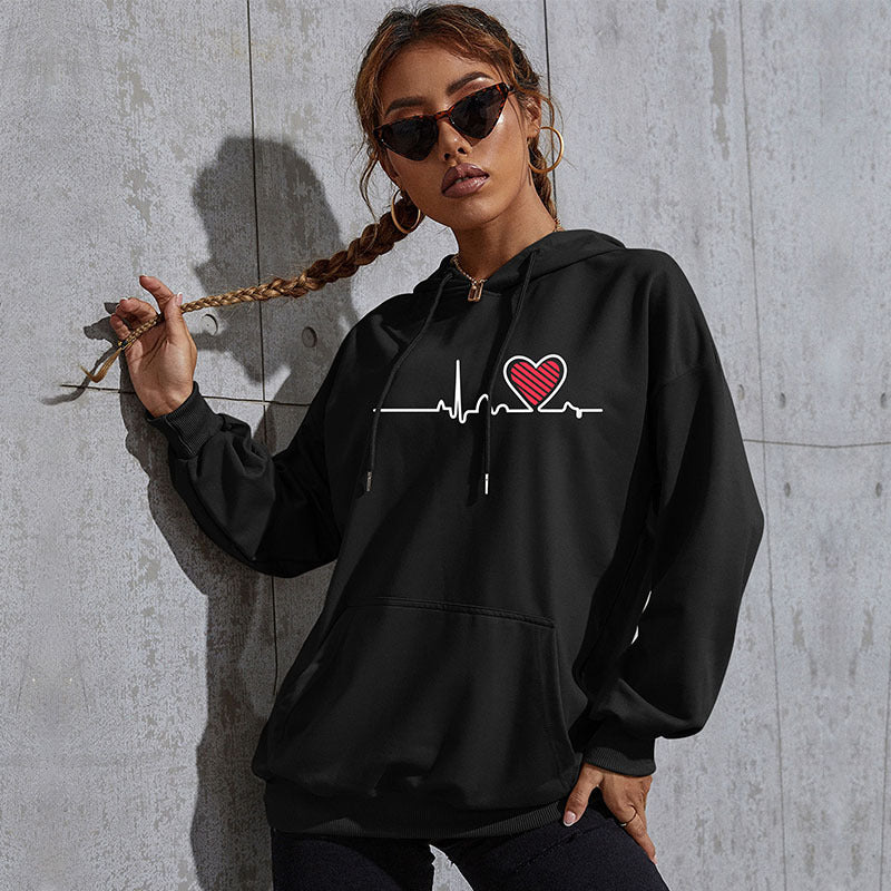 Women's Oversized Hoodie with Heart EKG Print and Kangaroo Pocket Mune Fashion