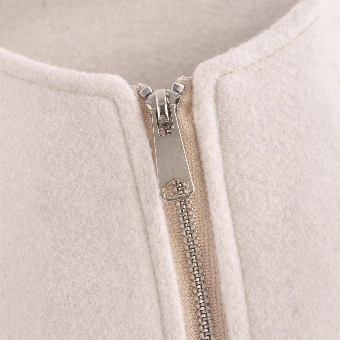 Women's Short Cropped Bomber Jacket in Velour Suede Look with Round Neckline, Zipper and Balloon Sleeves Mune Fashion
