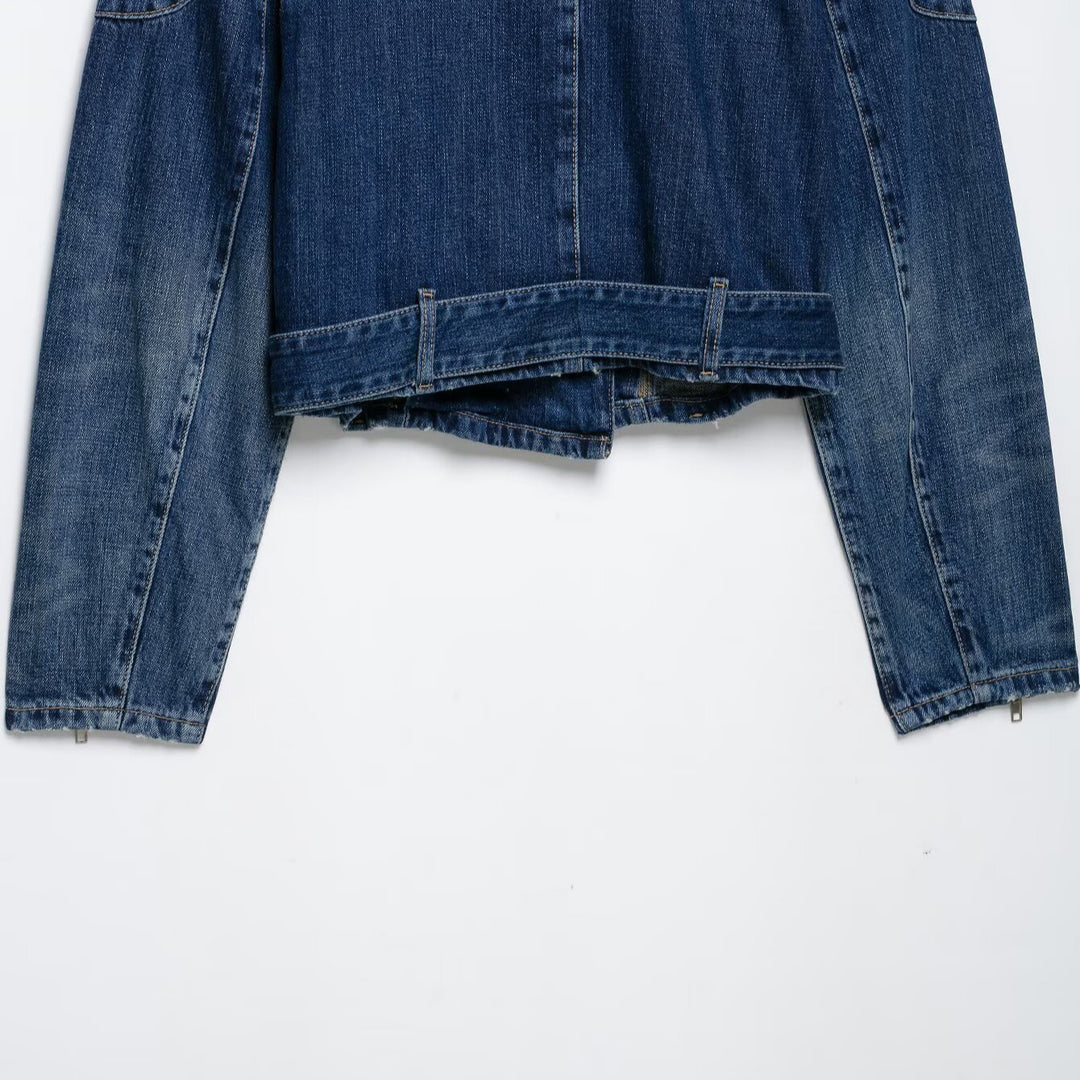 Women's Short Denim Biker Jacket with Belt and Asymmetrical Zipper Mune Fashion