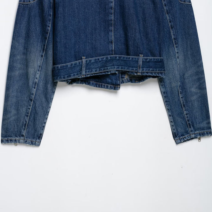 Women's Short Denim Biker Jacket with Belt and Asymmetrical Zipper Mune Fashion