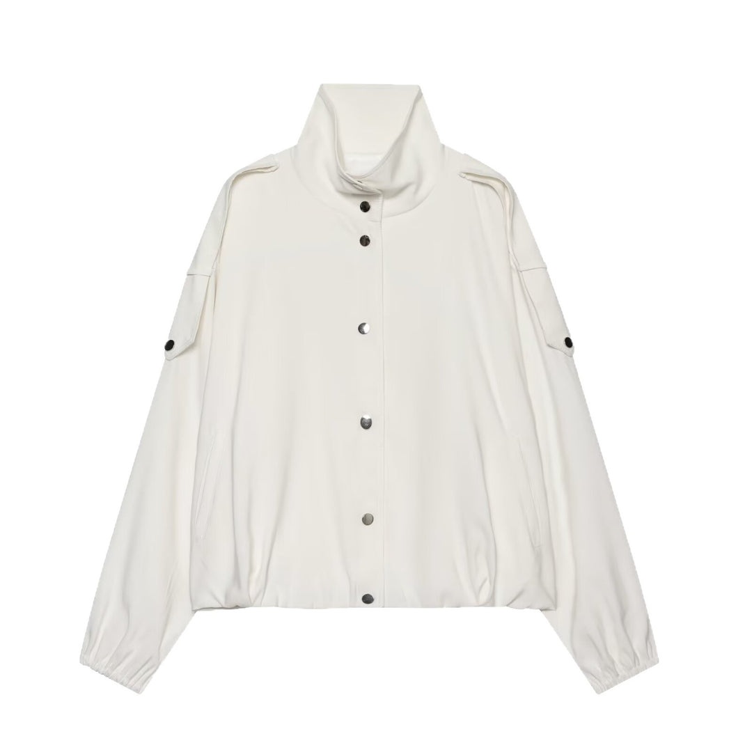 Women's Cropped Boxy Canvas Jacket with Funnel Neck, Snap Button Closure, and Shoulder Patches Mune Fashion