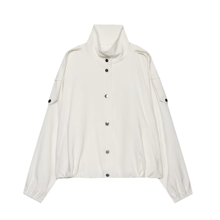 Women's Cropped Boxy Canvas Jacket with Funnel Neck, Snap Button Closure, and Shoulder Patches Mune Fashion
