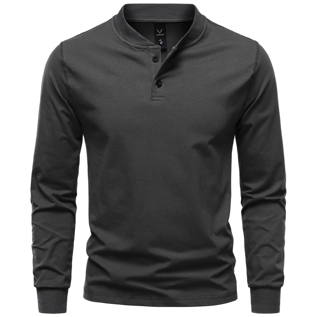 Men's Long Sleeve Henley Shirt with Stand Collar and Double Button Placket, Slim Fit, Cotton Blend Mune Fashion