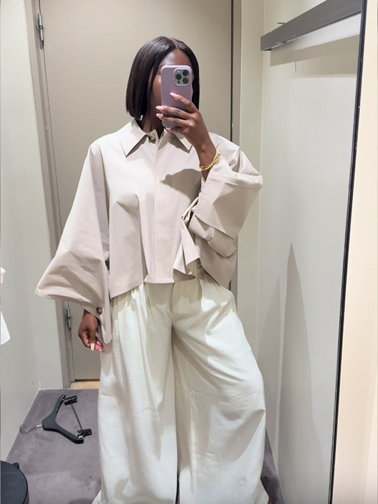 Women's Boxy Cropped Shirt Blouse with Wide Batwing Sleeve and Fine Tuck Mune Fashion