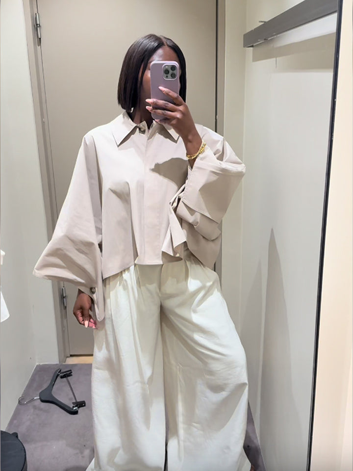 Women's Boxy Cropped Shirt Blouse with Wide Batwing Sleeve and Fine Tuck Mune Fashion