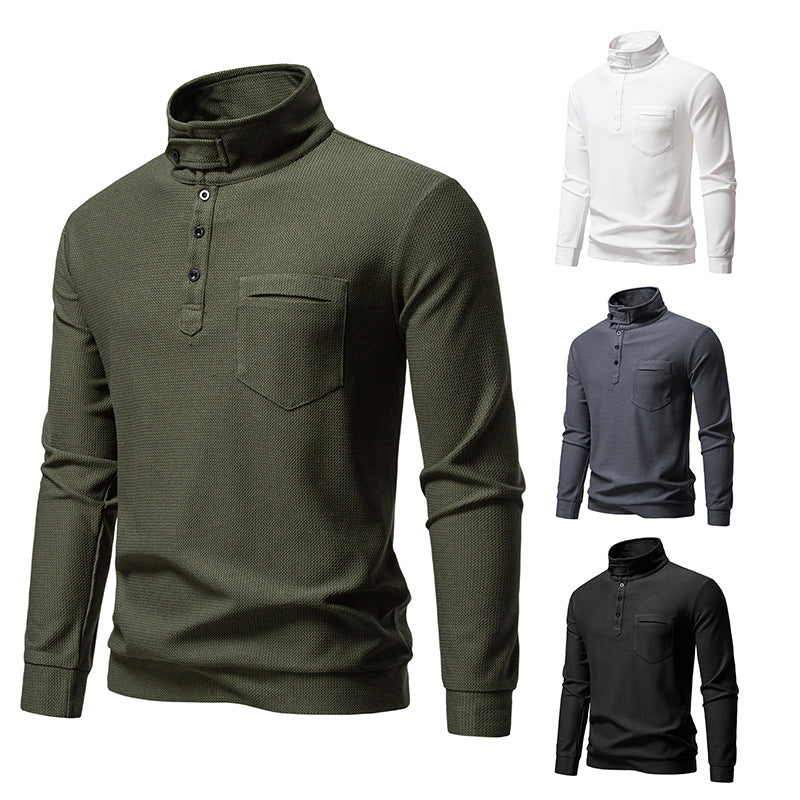 Men's Textured Waffle Knit Henley Shirt with High Collar, Button Placket and Chest Pocket Mune Fashion