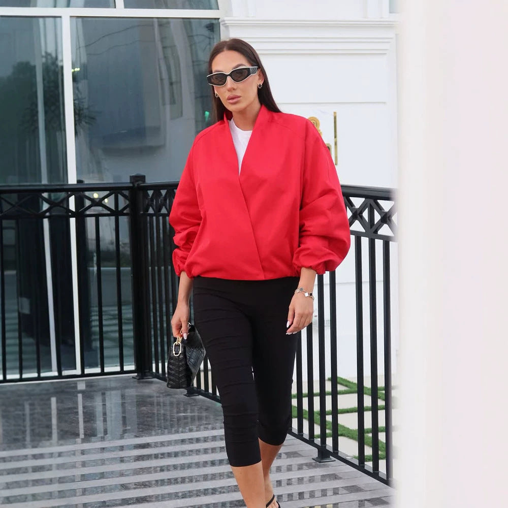 Women short cut oversized wrap jacket with balloon sleeves Mune Fashion
