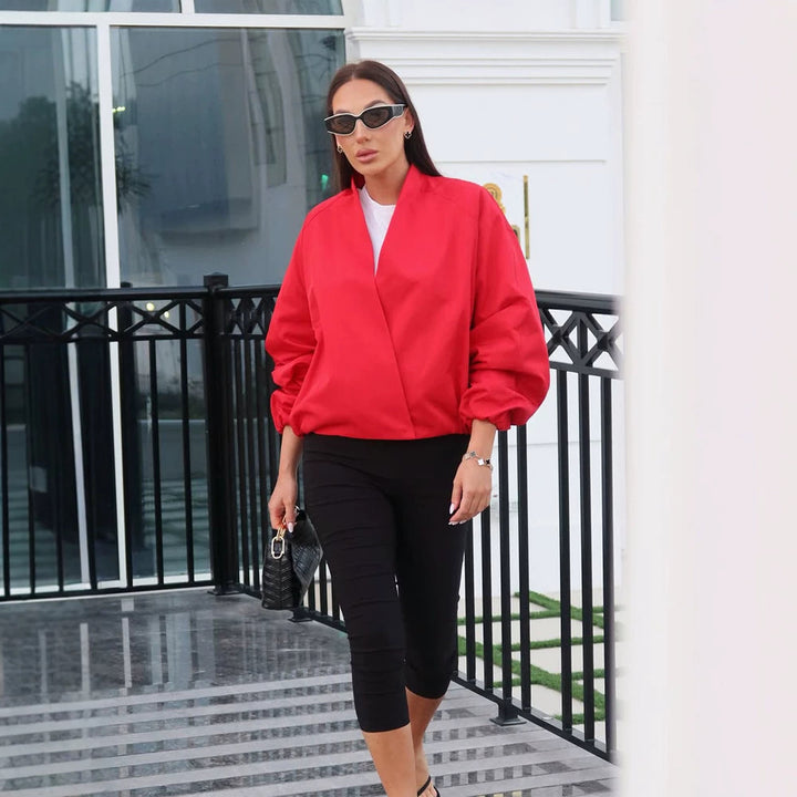 Women short cut oversized wrap jacket with balloon sleeves Mune Fashion
