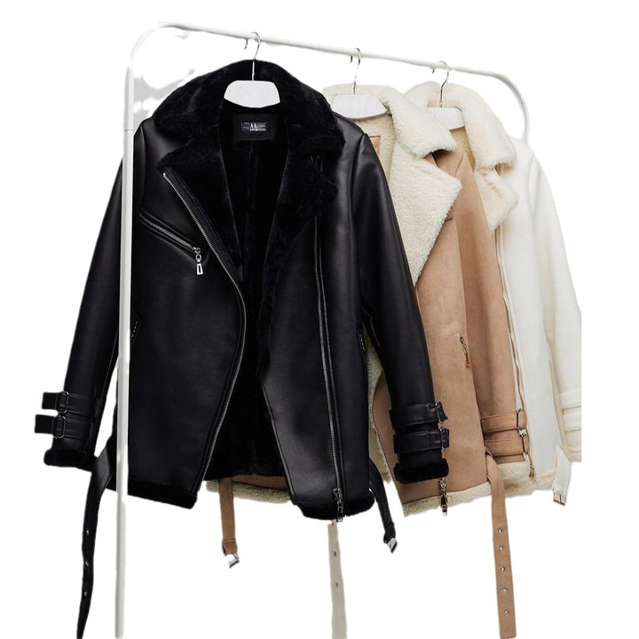 Women Oversized Faux Leather Pilot Jacket with Teddy Fur Lining and Buckles Mune Fashion