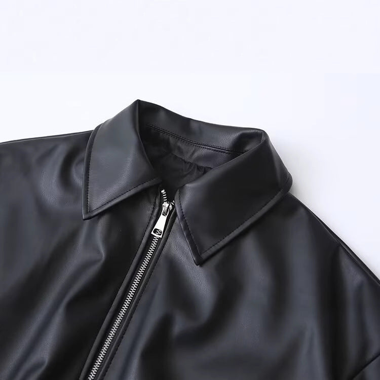 Women's Oversize Faux Leather Bomber Jacket with Zipper, Elastic Hem and Flap Pockets Mune Fashion