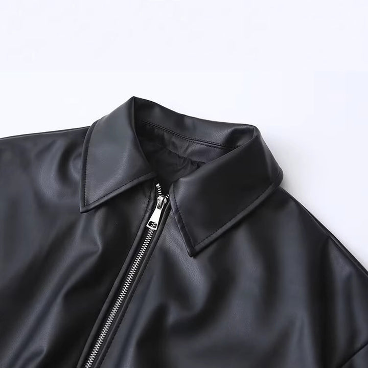 Women's Oversize Faux Leather Bomber Jacket with Zipper, Elastic Hem and Flap Pockets Mune Fashion