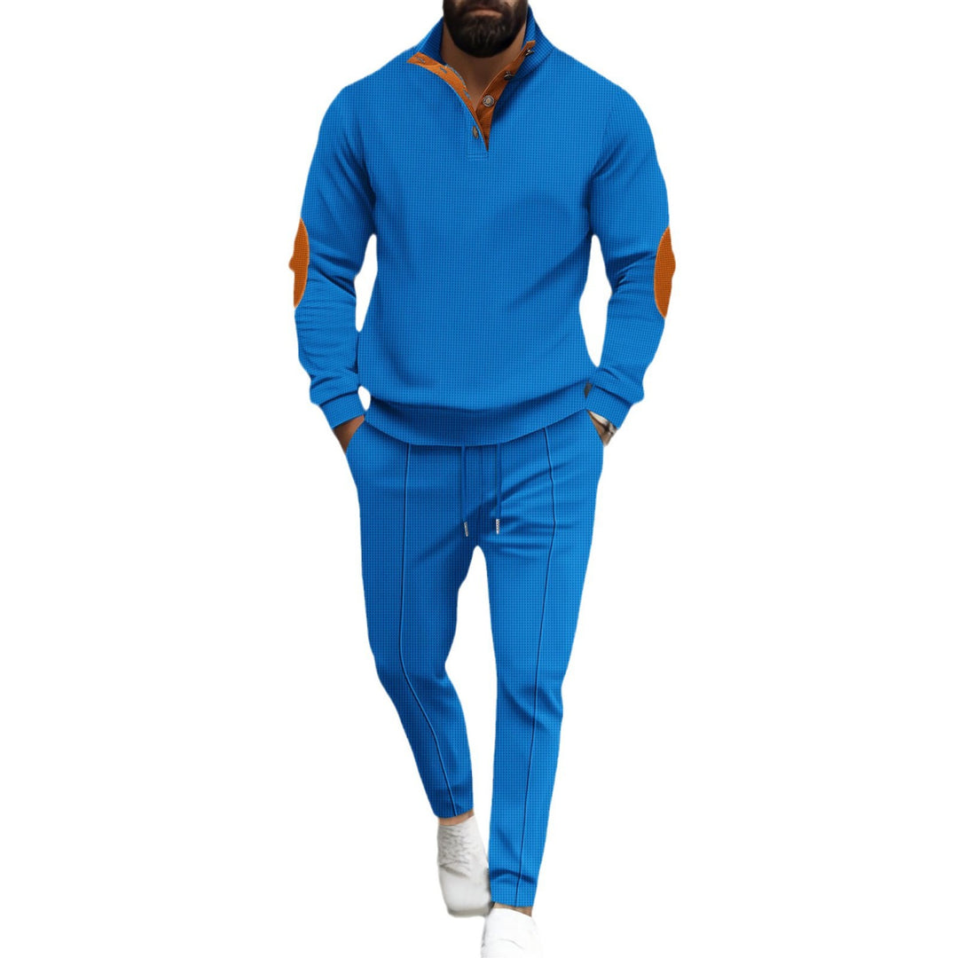 Men's fine-structured half-collar sweatshirt with button placket, decorative elbow patches, and casual hem finish Mune Fashion