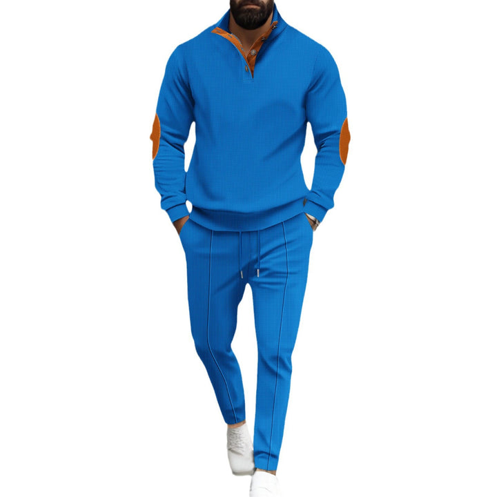 Men's fine-structured half-collar sweatshirt with button placket, decorative elbow patches, and casual hem finish Mune Fashion