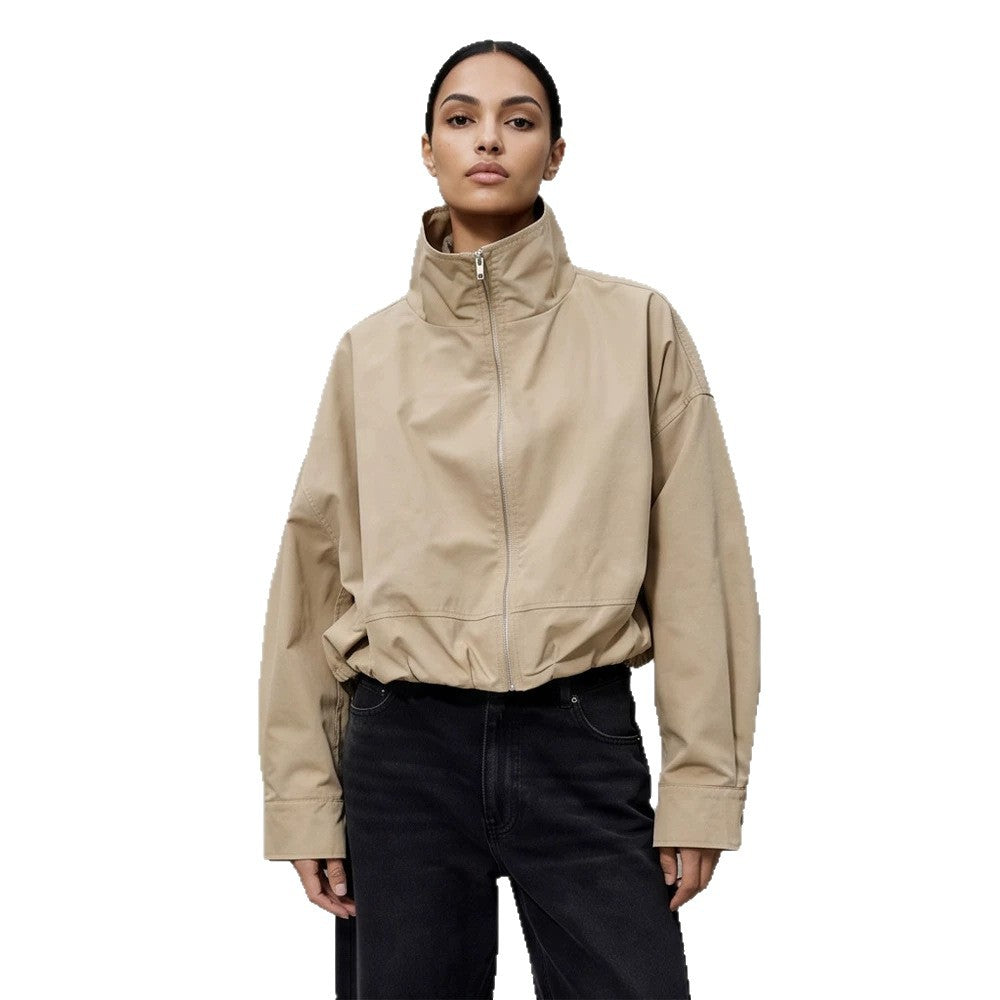 Women's Boxy-Cropped Windbreaker Jacket with High Standing Collar and Straight Hem Mune Fashion
