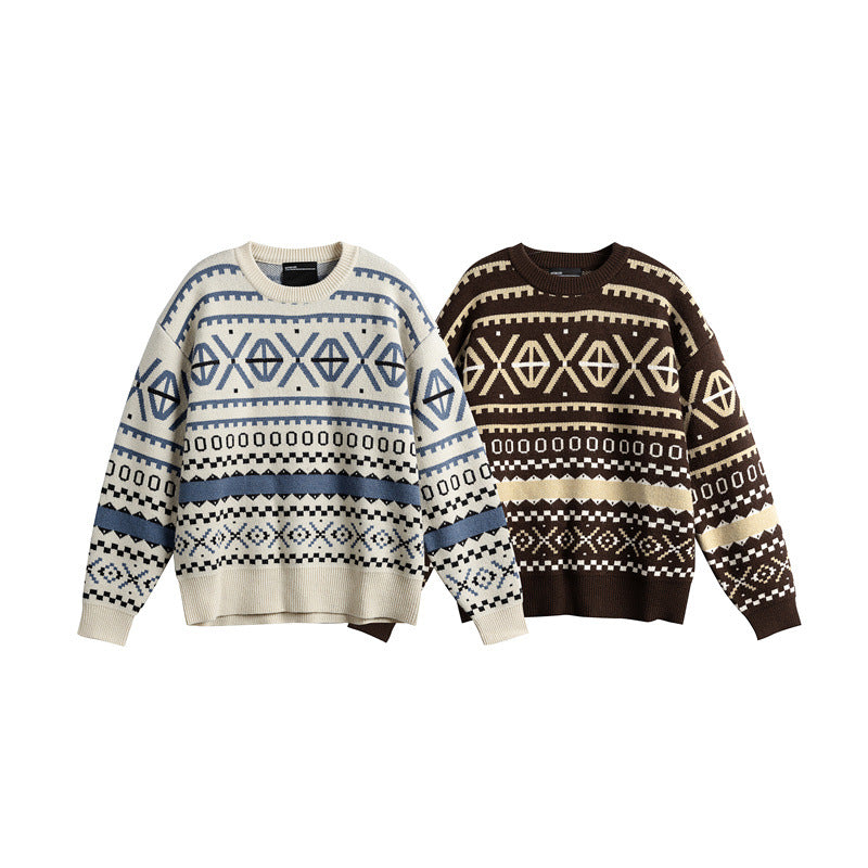 Unisex Patterned Chunky Knit Sweater in Norwegian Style with Round Neck
