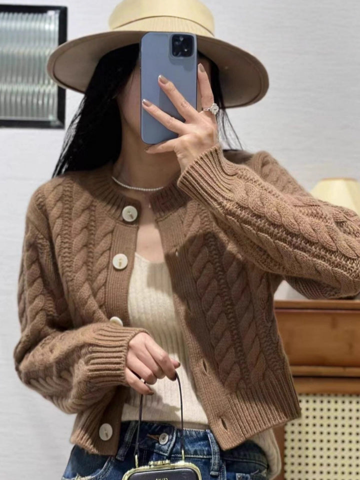 Women Short Braided Knit Cardigan with Wide Rib Hem and Large Buttons Mune Fashion