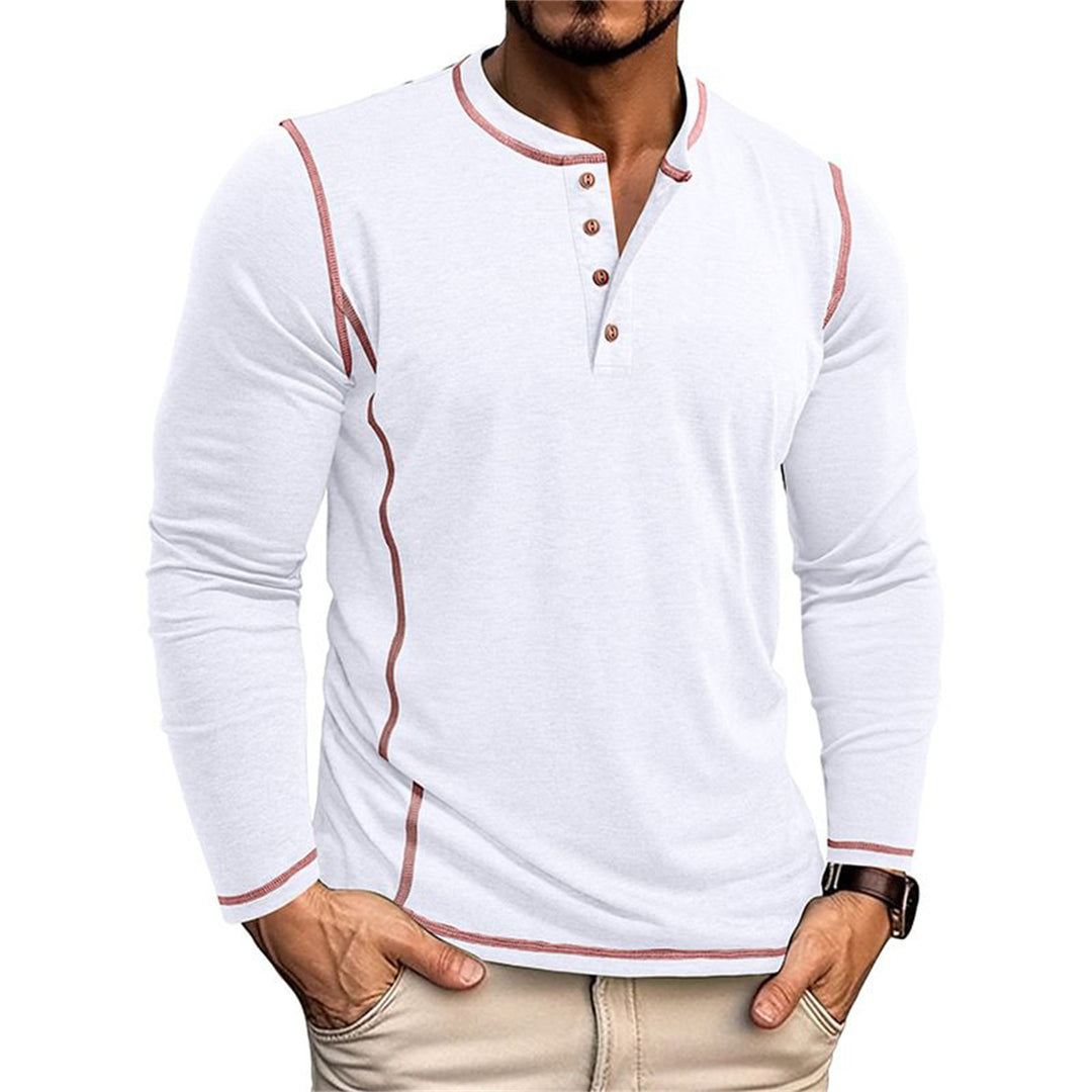 Men's Elastic Long Sleeve Henley Shirt with Contrast Stitching and Button Placket EB