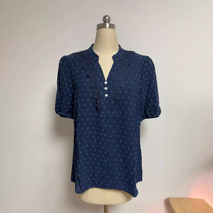 Women's semi-transparent Dobby blouse with stand-up collar, crochet trim, and puff sleeves Mune Fashion