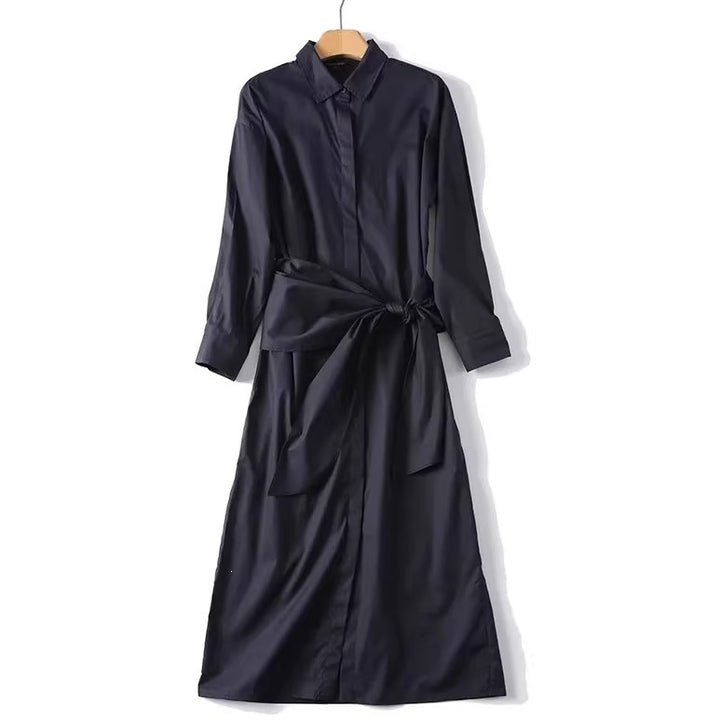 Women Oversized Button-Down Dress with Side Knot Belt and Midi Length Mune Fashion