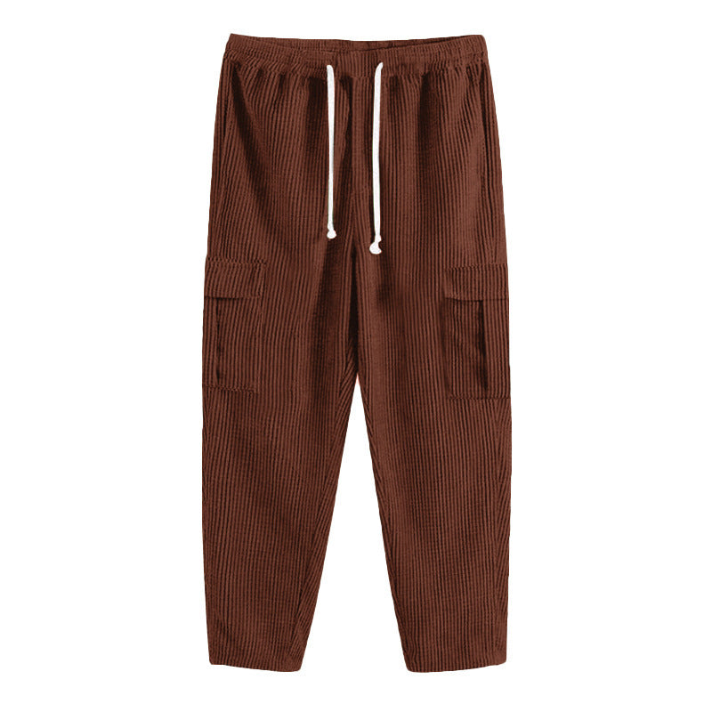 Men's corduroy cargo pants with elastic waistband, drawstring & applied flap pockets Mune Fashion