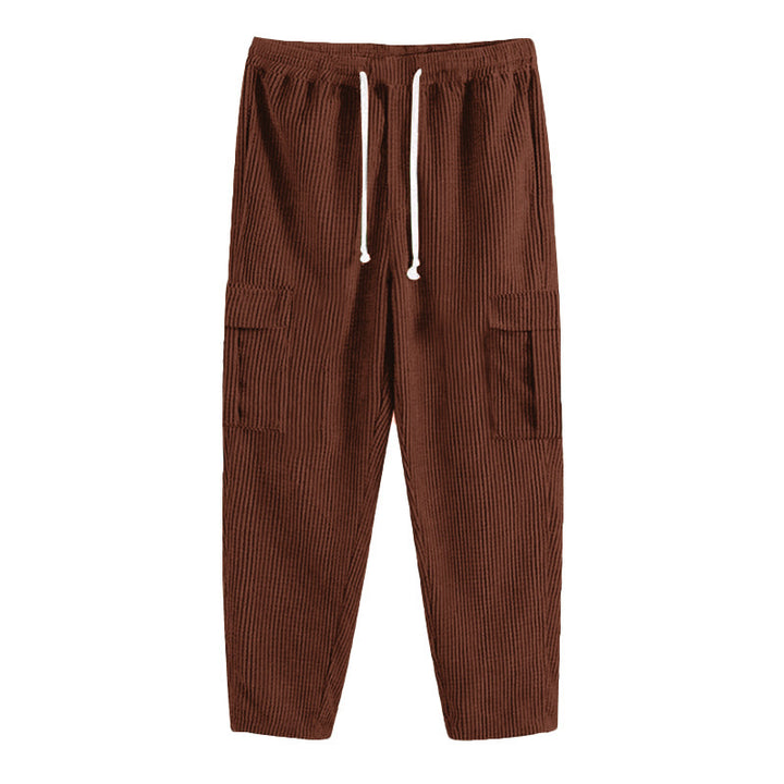 Men's corduroy cargo pants with elastic waistband, drawstring & applied flap pockets Mune Fashion