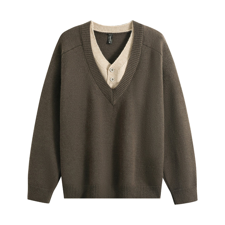 Unisex Oversize V-Neck Knit Sweater with Integrated Henley Look Mune Fashion