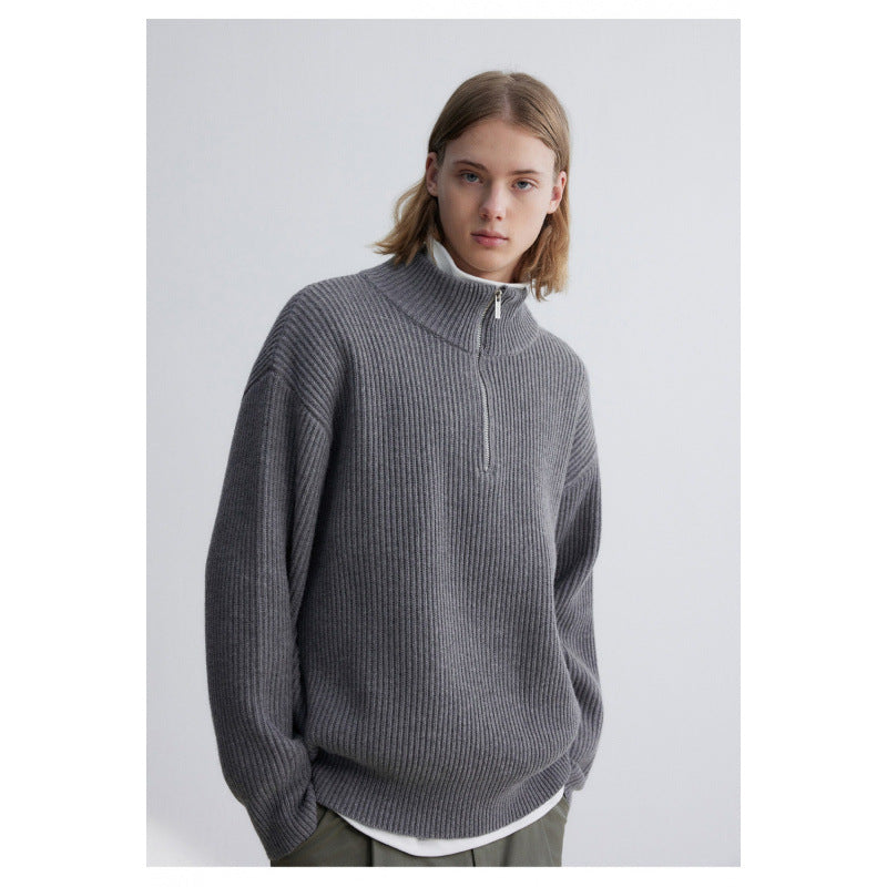 Men's Oversized Ribbed Half-Zip Sweater with Extended Sleeve and High Stand-Up Collar Mune Fashion