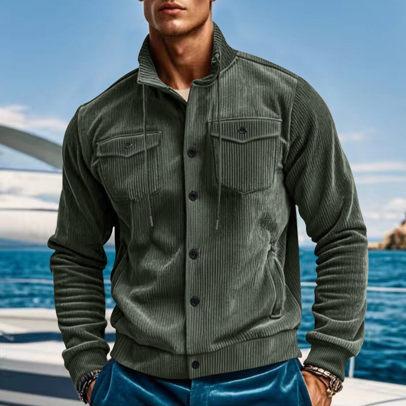 Men's casual fine ribbed cord jacket with stand-up collar, chest pockets and elastic hem Mune Fashion