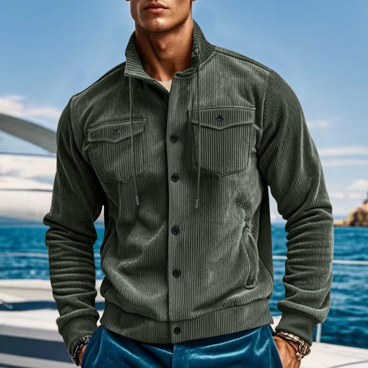 Men's casual fine ribbed cord jacket with stand-up collar, chest pockets and elastic hem Mune Fashion