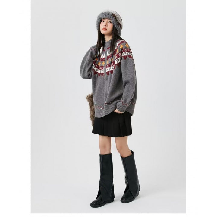 Women Casual Knit Zip Jacket with Jacquard Yoke and Ribbed Cuffs Mune Fashion