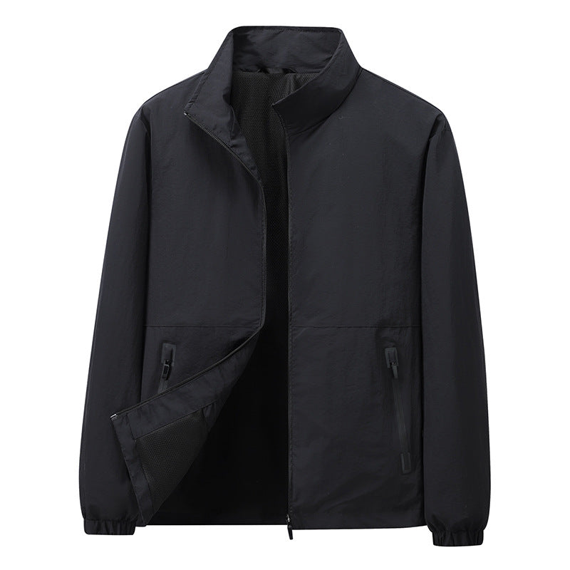 Men's Lightweight Windbreaker Outdoor Jacket with Stand Collar, Two-way Zipper and Concealed Pockets Mune Fashion