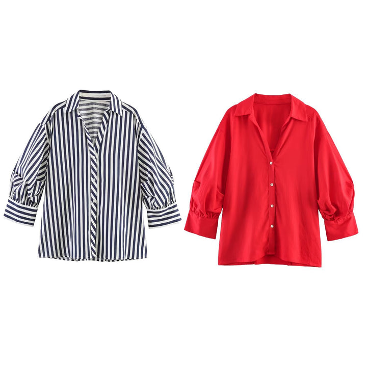 Women Oversize Blouse with Balloon Sleeves and Shirt Collar Mune Fashion