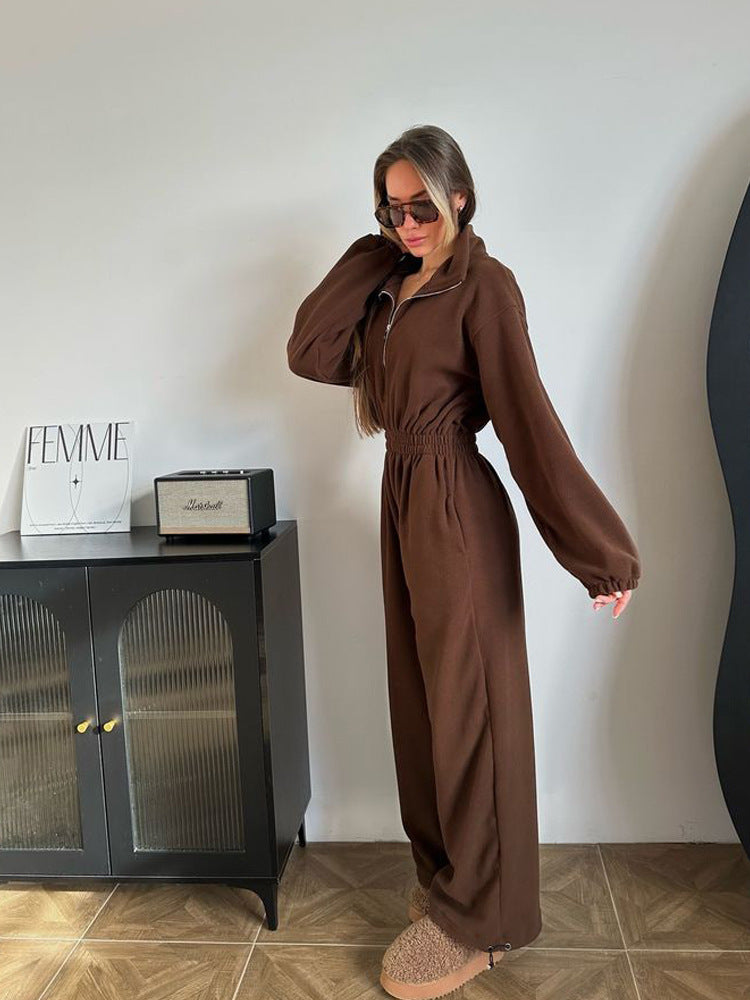 Women's cozy plush jumpsuit with half zipper and elastic waist Mune Fashion