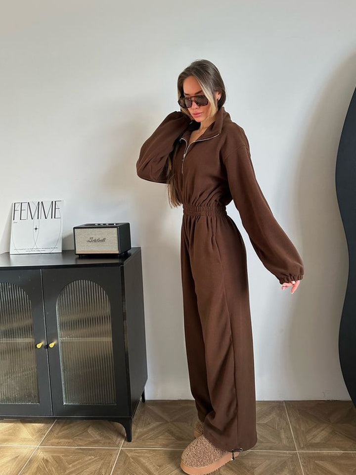 Women's cozy plush jumpsuit with half zipper and elastic waist Mune Fashion