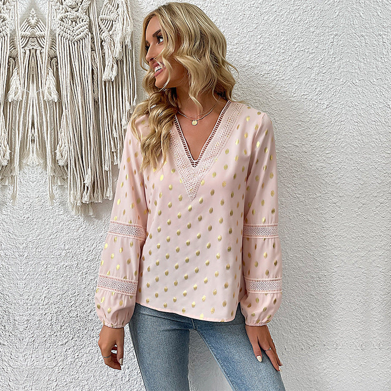 Women's Lightweight Chiffon Blouse with V-Neck, Lace Trim and Metallic Dots Mune Fashion