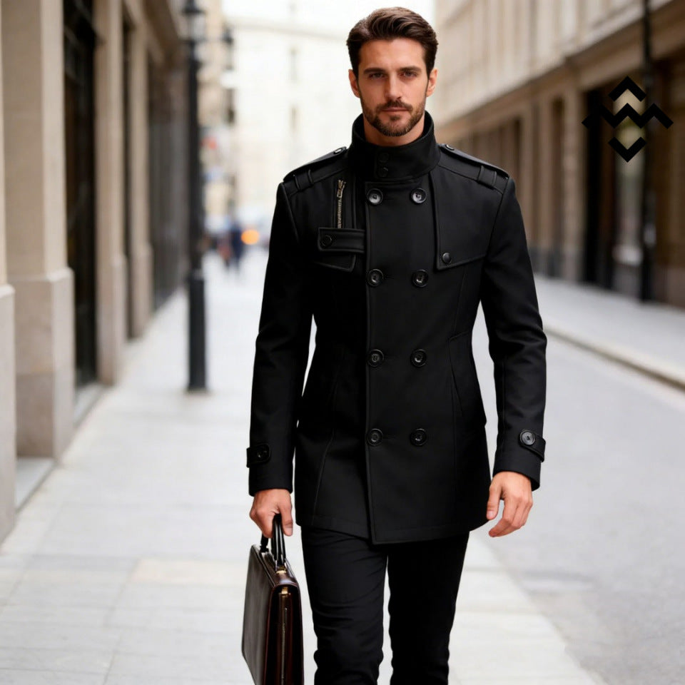 Men's tailored double-breasted short coat with stand-up collar and shoulder flaps Mune Fashion