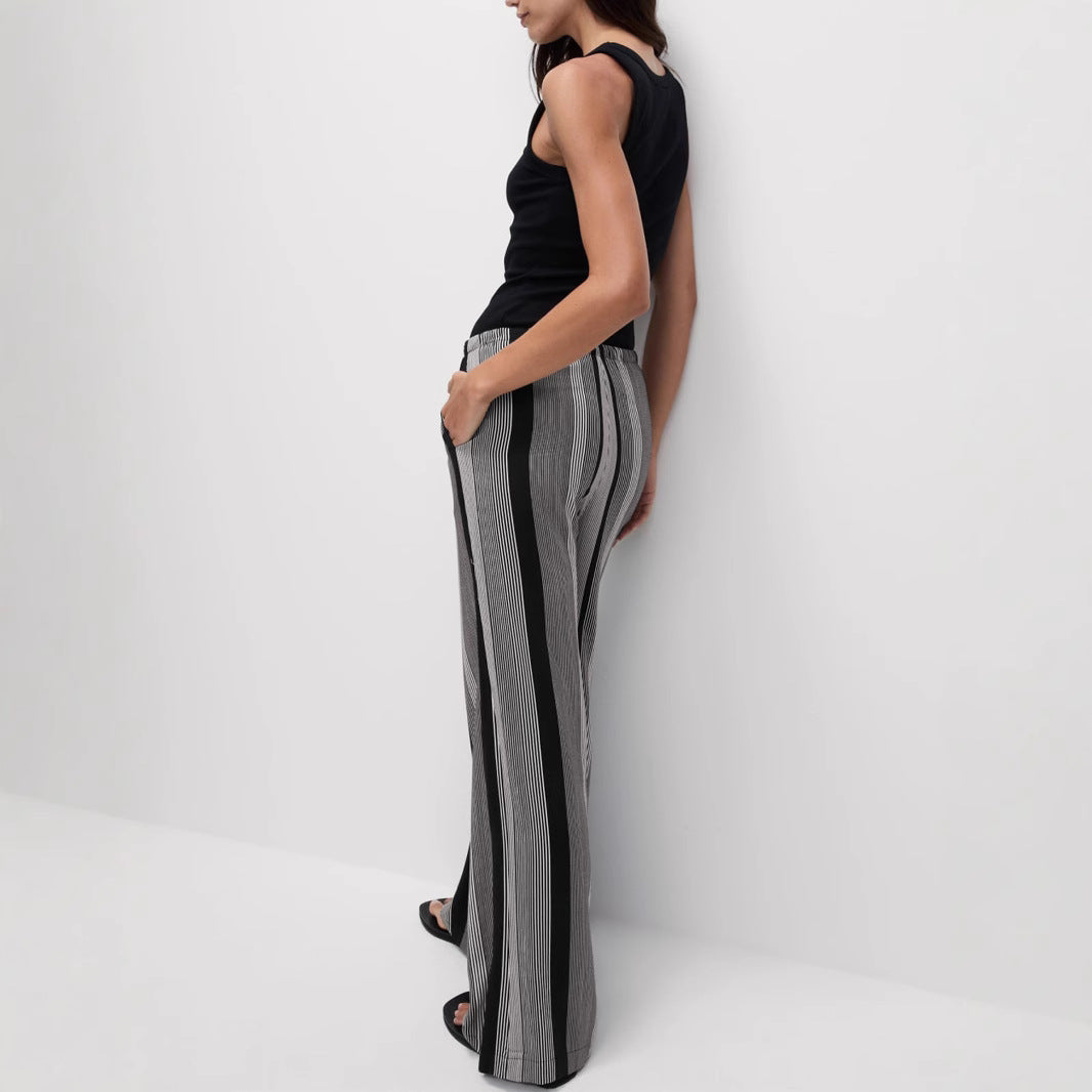 Women's Wide Palazzo Pants with Elastic Waistband, Drawstring and Vertical Stripe Pattern Mune Fashion