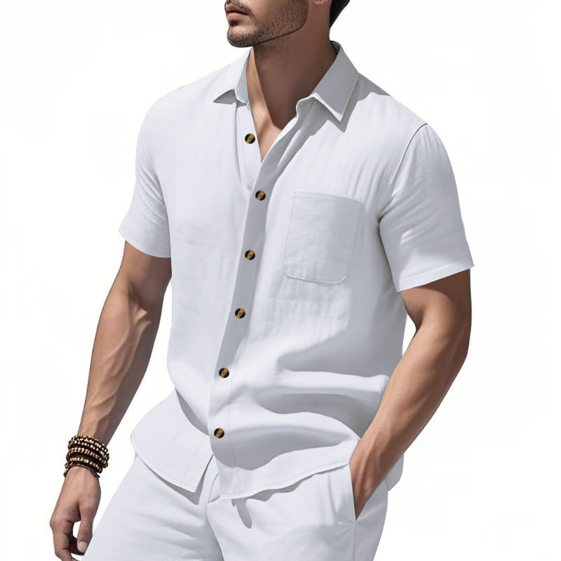 Men's short-sleeve resort shirt made of linen blend with chest pocket and drawstring Bermuda Mune Fashion