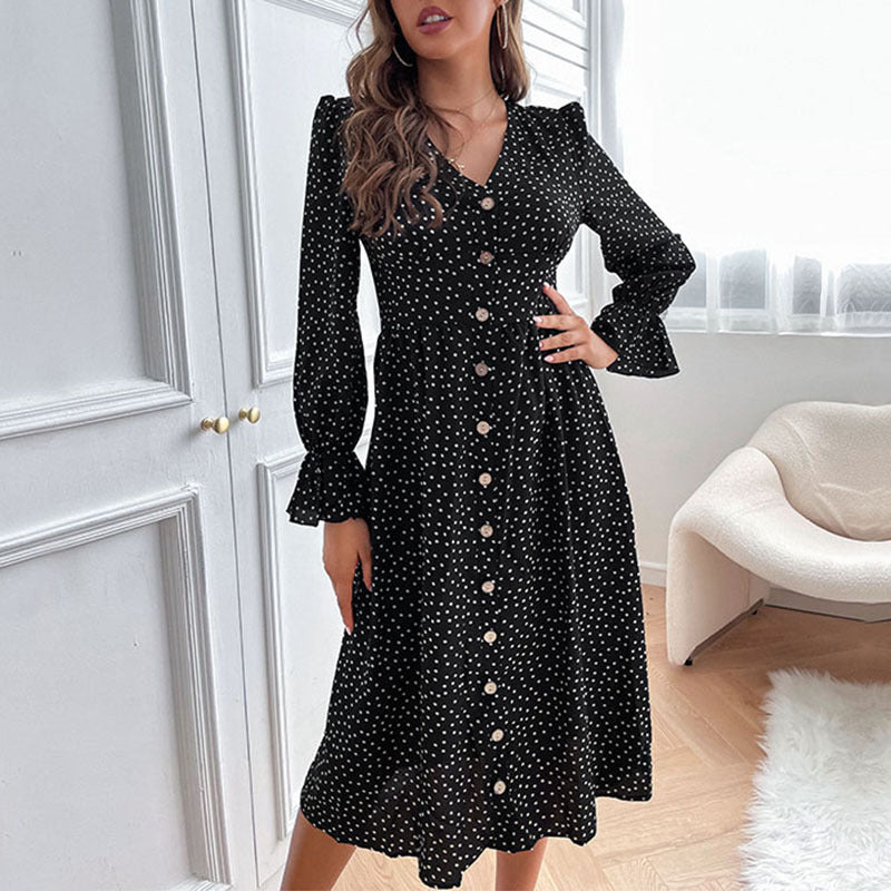 Women Elegant Polka-Dots Dress with Button Details Mune Fashion