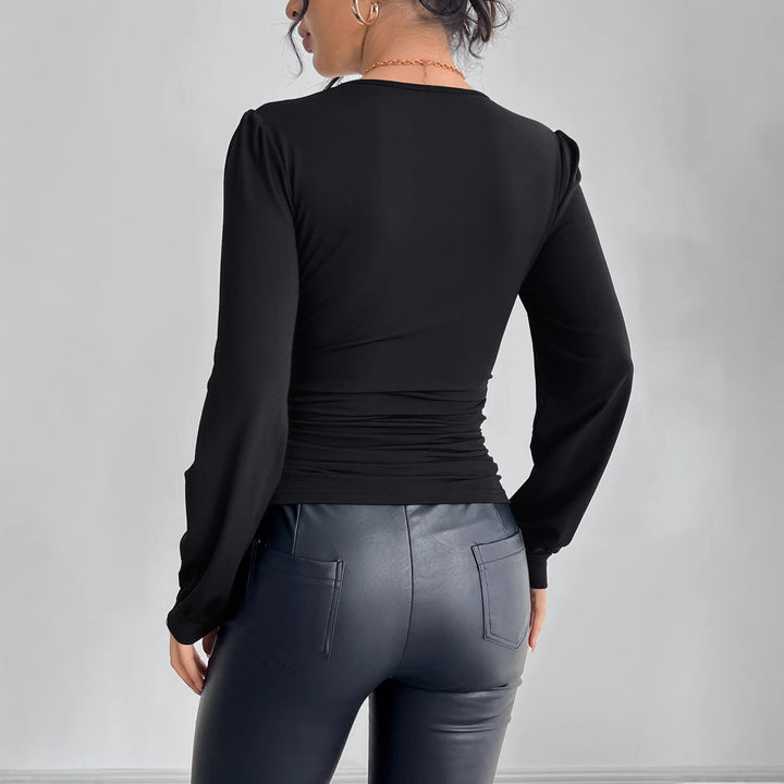 Women's tailored long sleeve shirt with deep lace décolletage, gathering, and crystal embellishment Mune Fashion