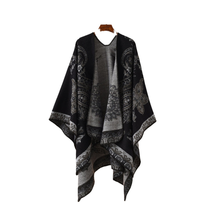 Ladies Elegant Jacquard Poncho with Paisley Pattern and Open Front Mune Fashion