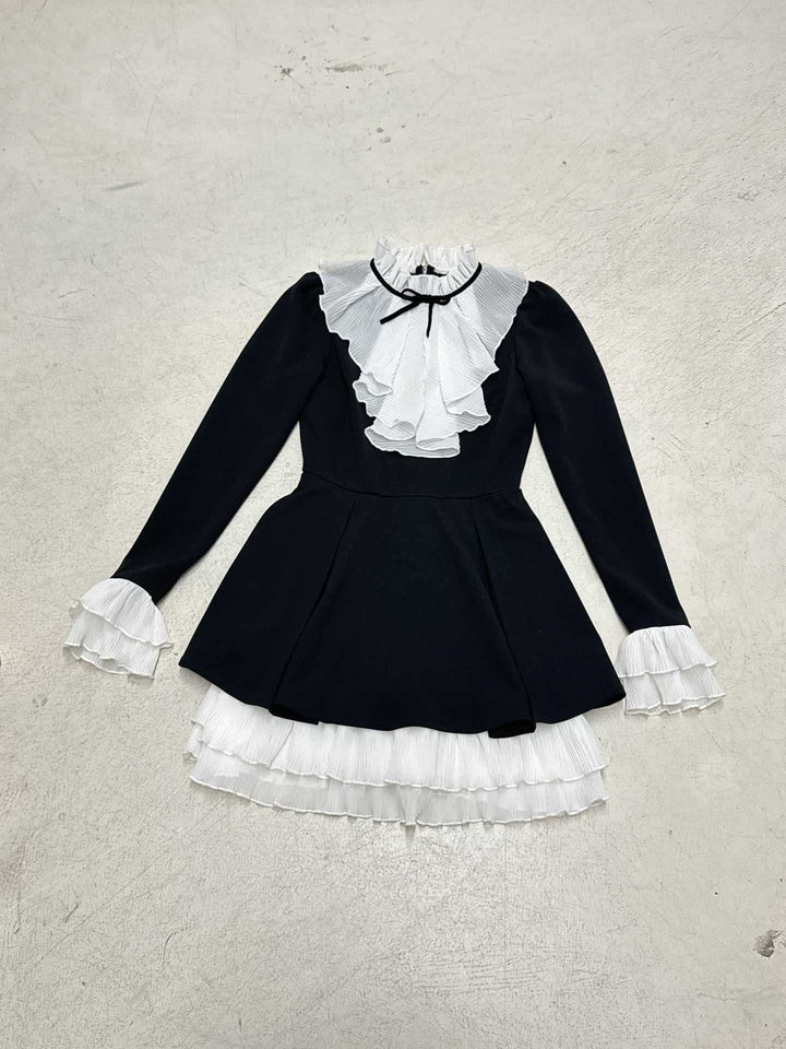 Women’s Victorian Ruffled Dress with Stand Collar, Gathered Ruffle and Multi-Layered Pleated Underskirt Mune Fashion