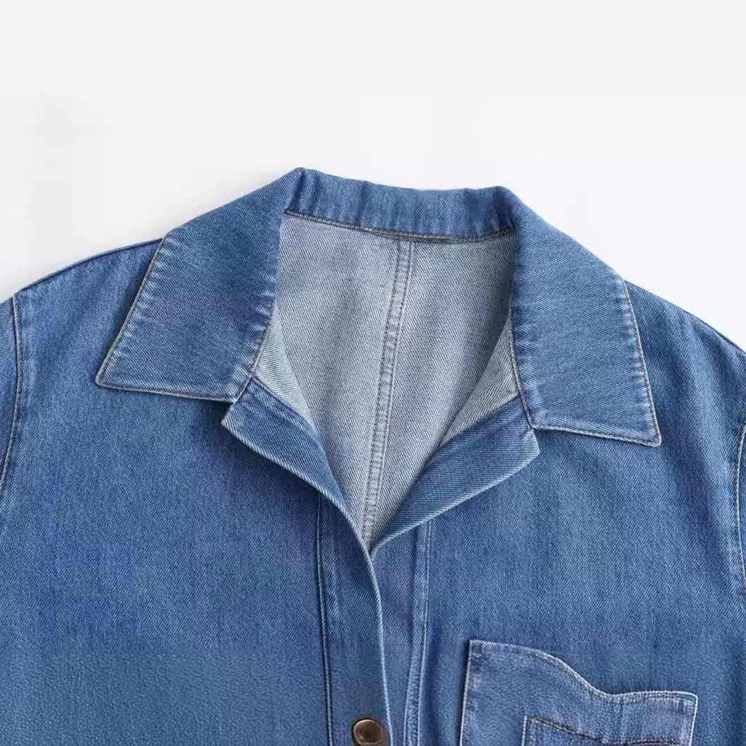 Women's oversized jeans pullover with open V-neck, large chest pocket, and boxy fit Mune Fashion
