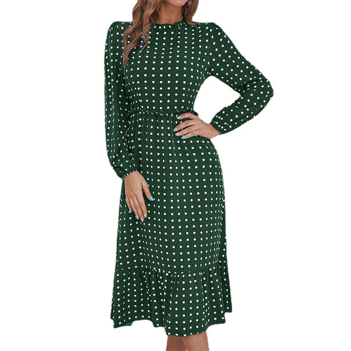 Women's midi dress in retro polka dot style with stand-up collar, tailored gathering, and ruffle trim