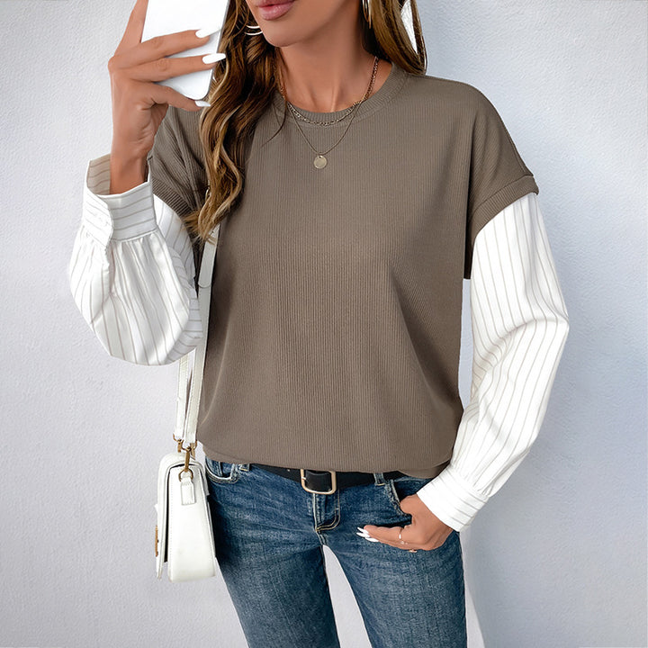 Women Casual Long Sleeve with Ribbed Top & Striped Blouse Sleeves Mune Fashion
